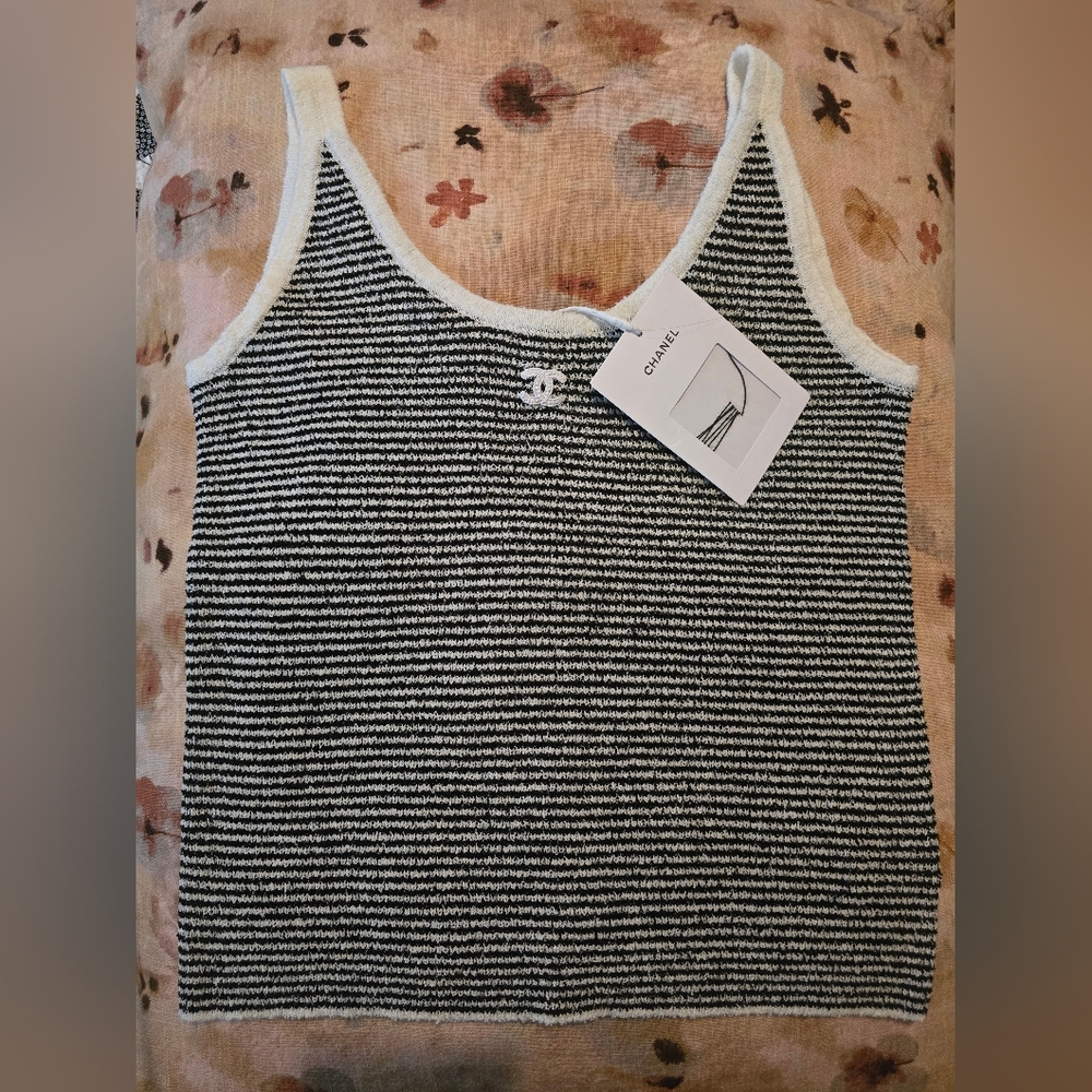 NWT CHANEL Black and White Striped CC Logo Tank Top Small Or Medium